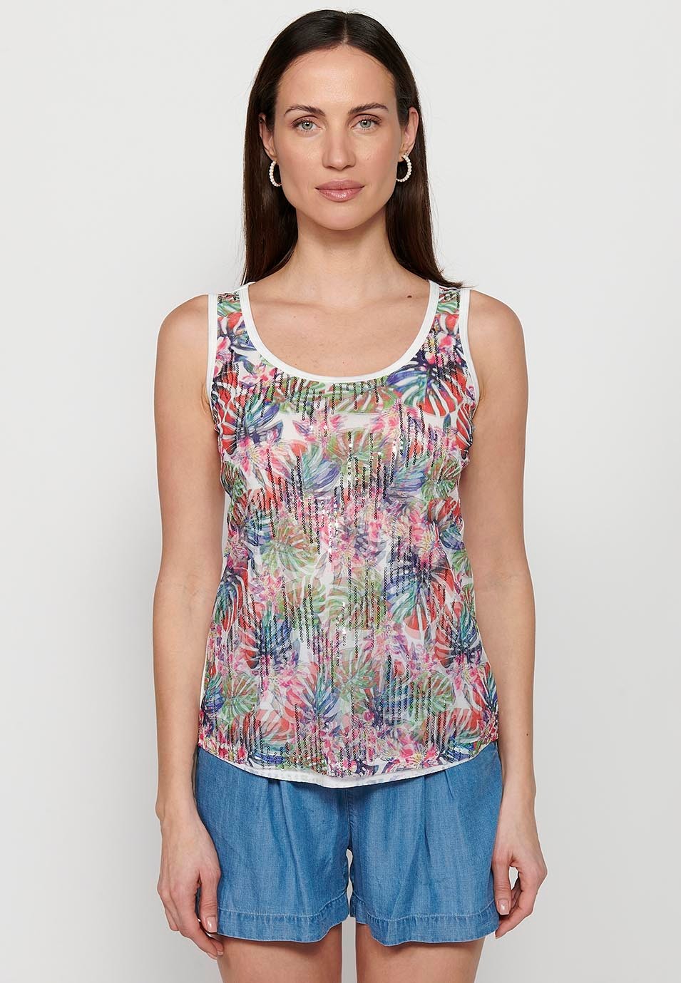 Camiseta de tirantes, escote redondo, estampado floral y lentejuelas, multicolor para mujer