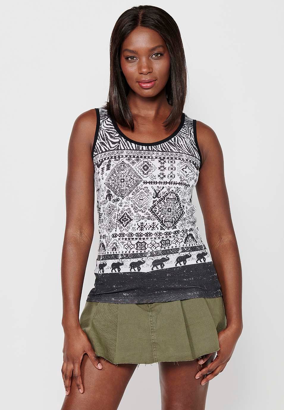 Women's White Color Front Print Round Neck Sleeveless T-shirt