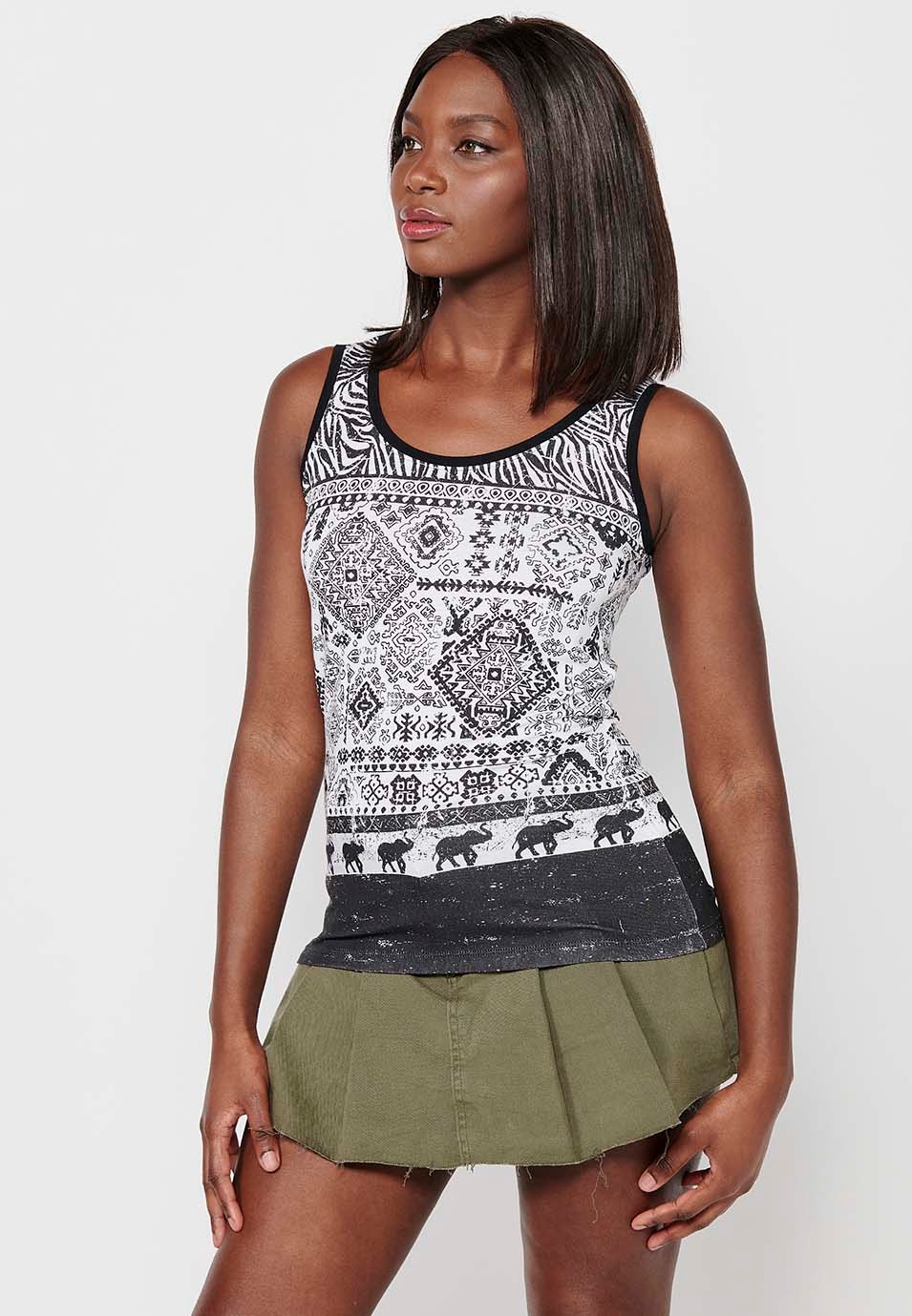 Women's White Color Front Print Round Neck Sleeveless T-shirt 4