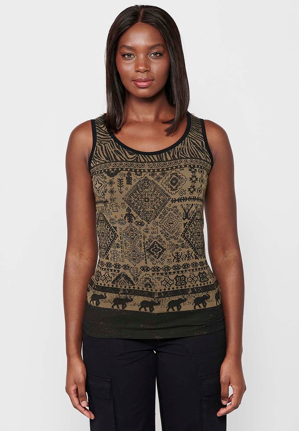 Women's Khaki Color Front Print Round Neck Sleeveless T-shirt