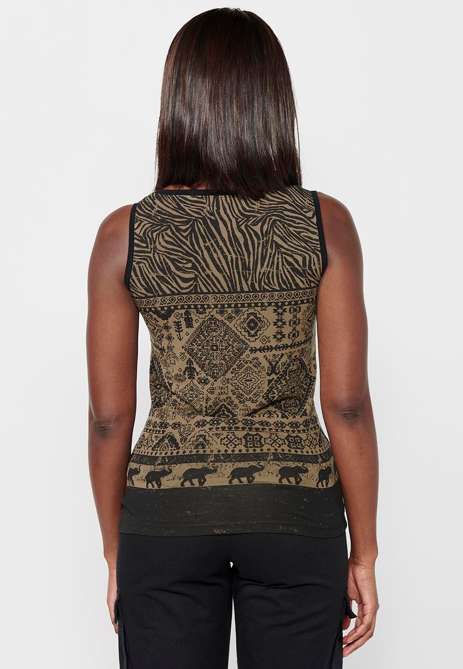 Ärmelloses Damen-T-Shirt mit Rundhalsausschnitt in Khaki-Farbe mit Print vorne