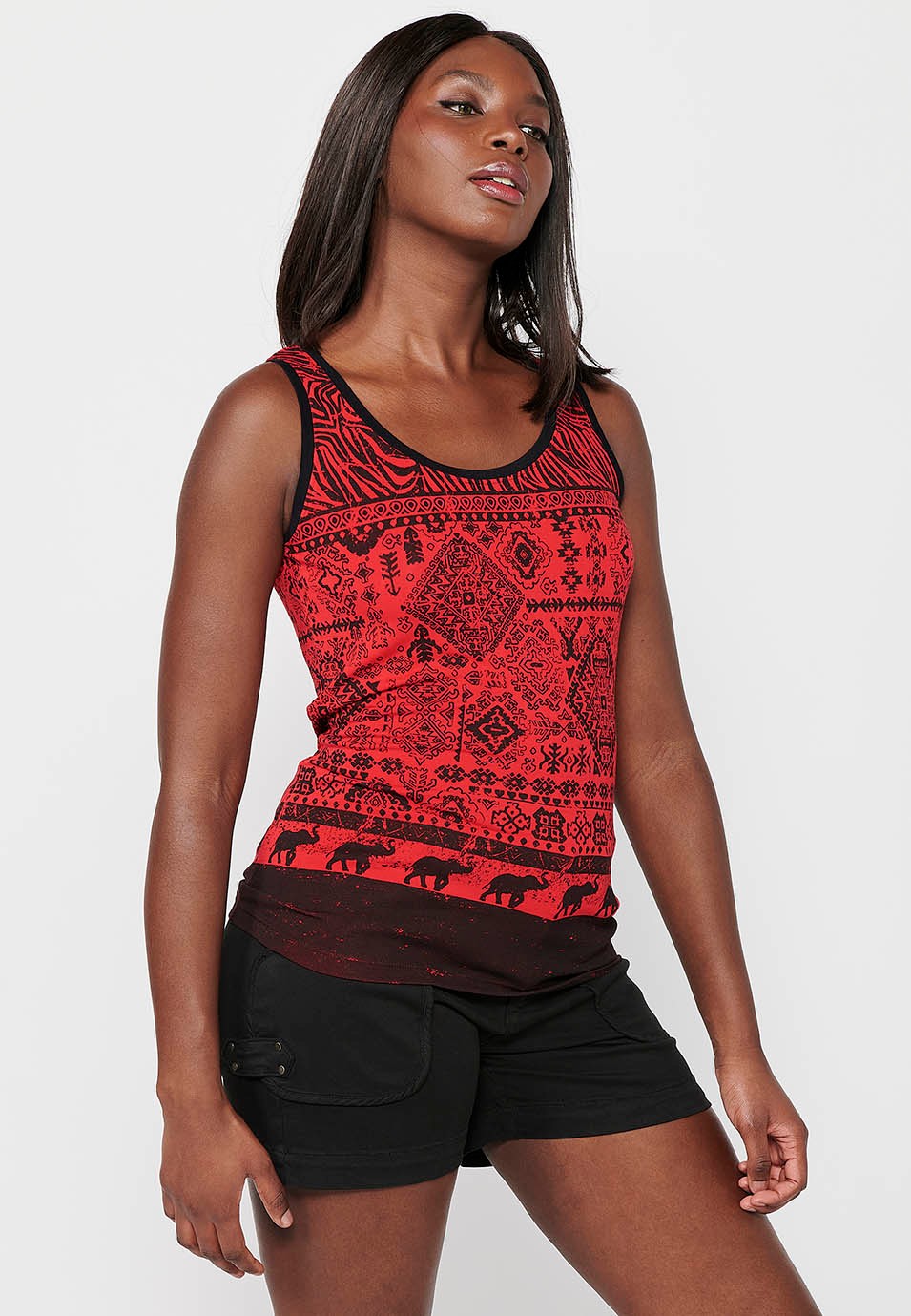Women's Red Color Front Print Round Neck Sleeveless T-shirt