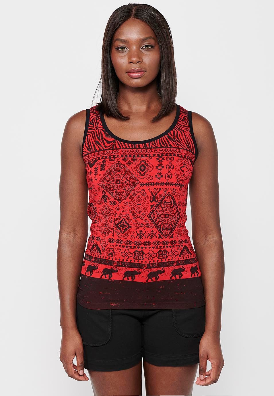 Ärmelloses Damen-T-Shirt mit Rundhalsausschnitt und rotem Frontprint 1