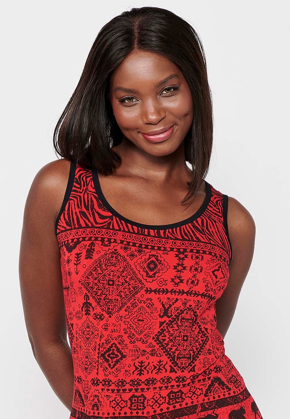 Women's Red Color Front Print Round Neck Sleeveless T-shirt 2