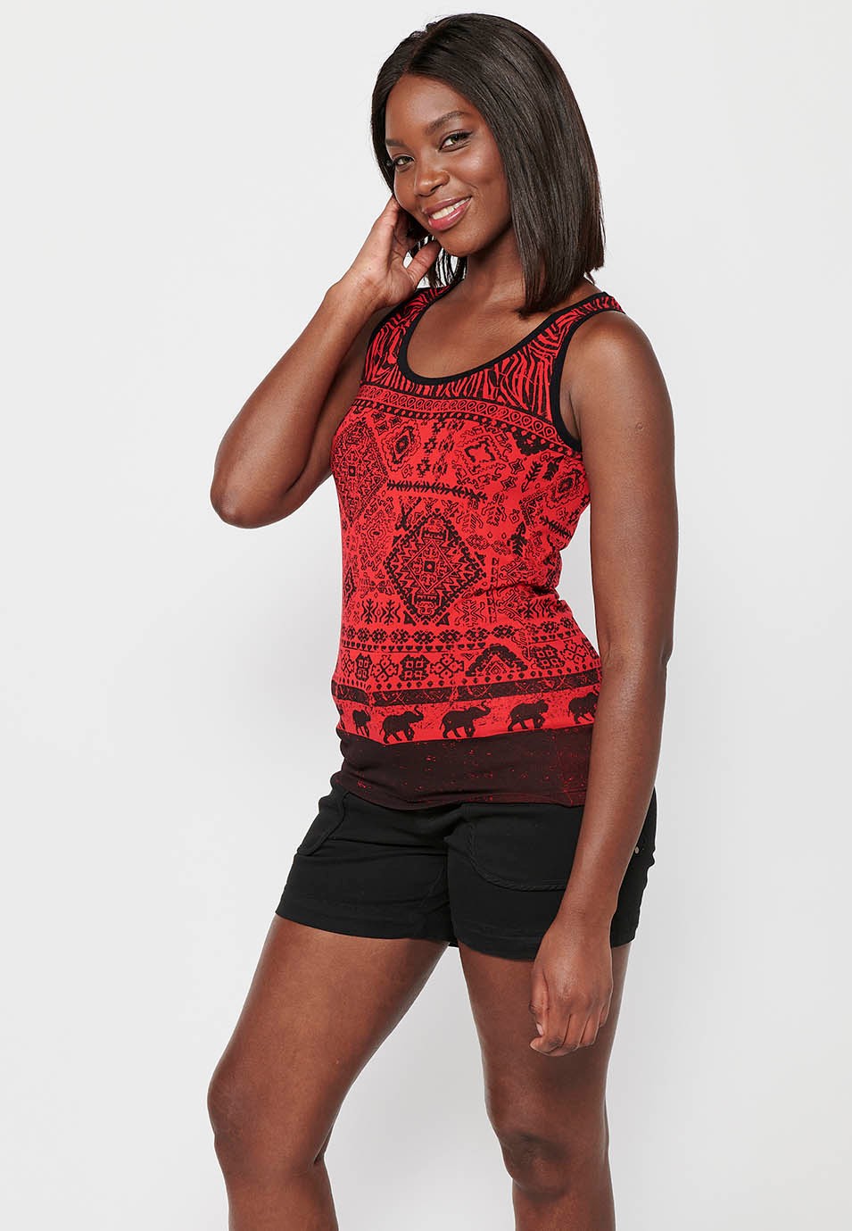 Women's Red Color Front Print Round Neck Sleeveless T-shirt 3