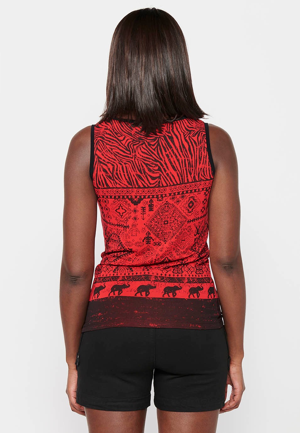 T-shirt sans manches à col rond et imprimé sur le devant de couleur rouge pour femmes 6