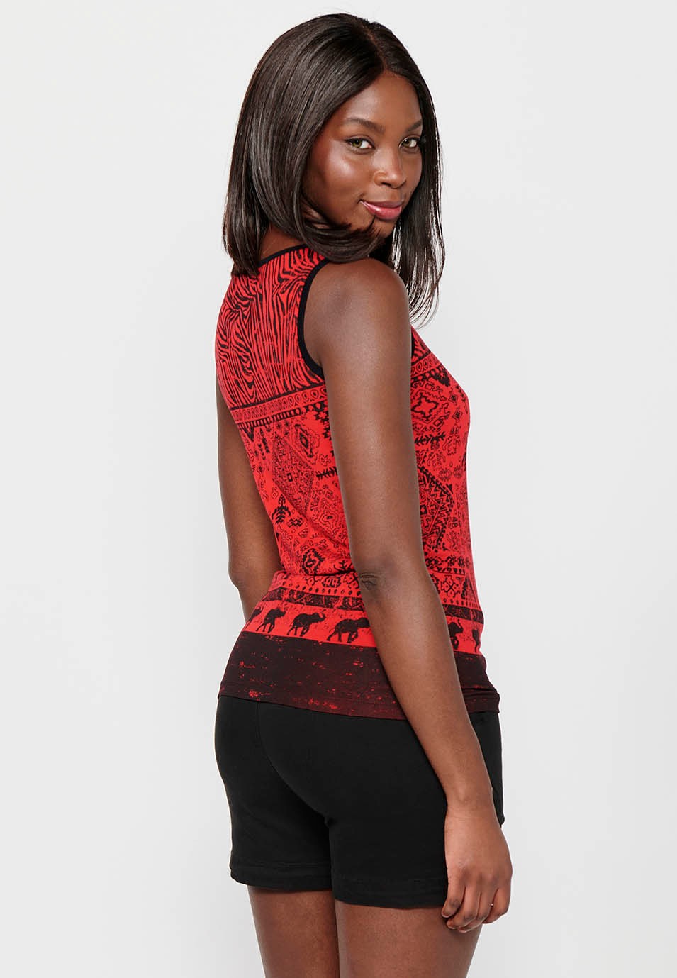 Women's Red Color Front Print Round Neck Sleeveless T-shirt 7