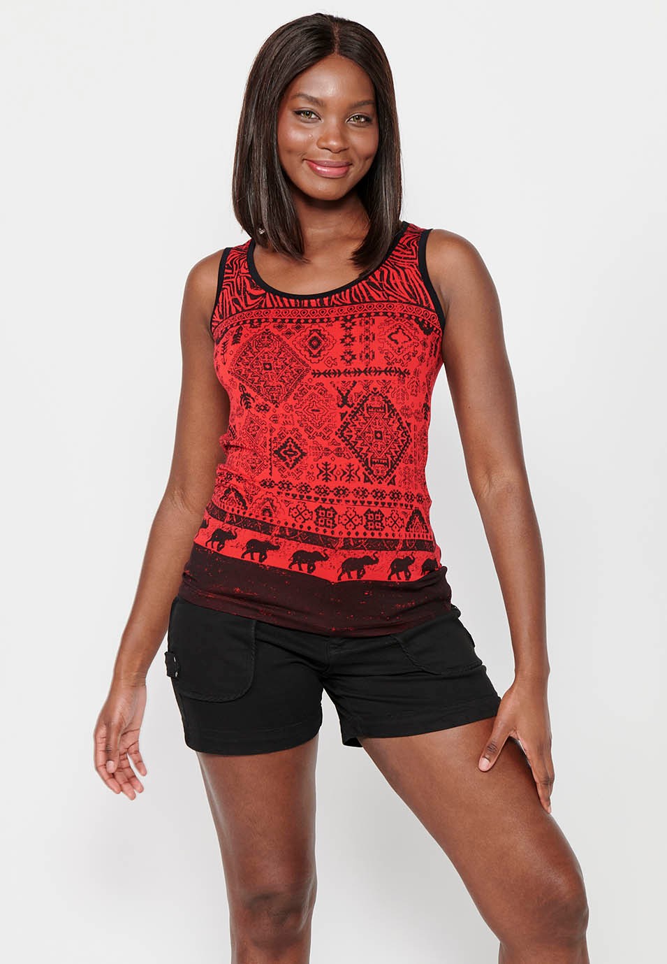 Women's Red Color Front Print Round Neck Sleeveless T-shirt 5