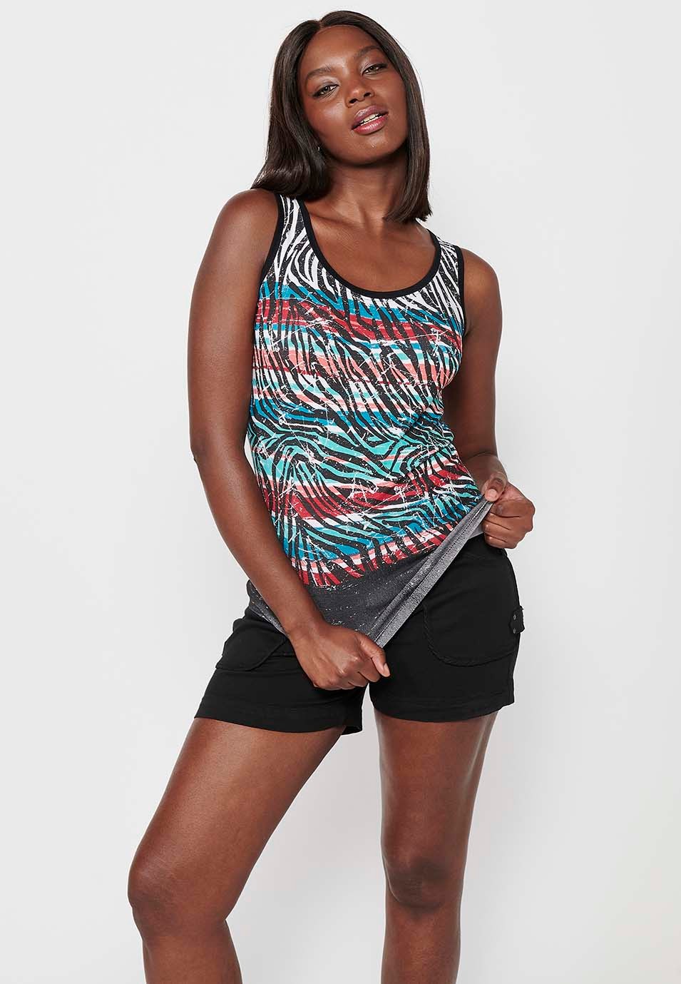 Women's Multicolor Round Neck Front Print Sleeveless T-shirt