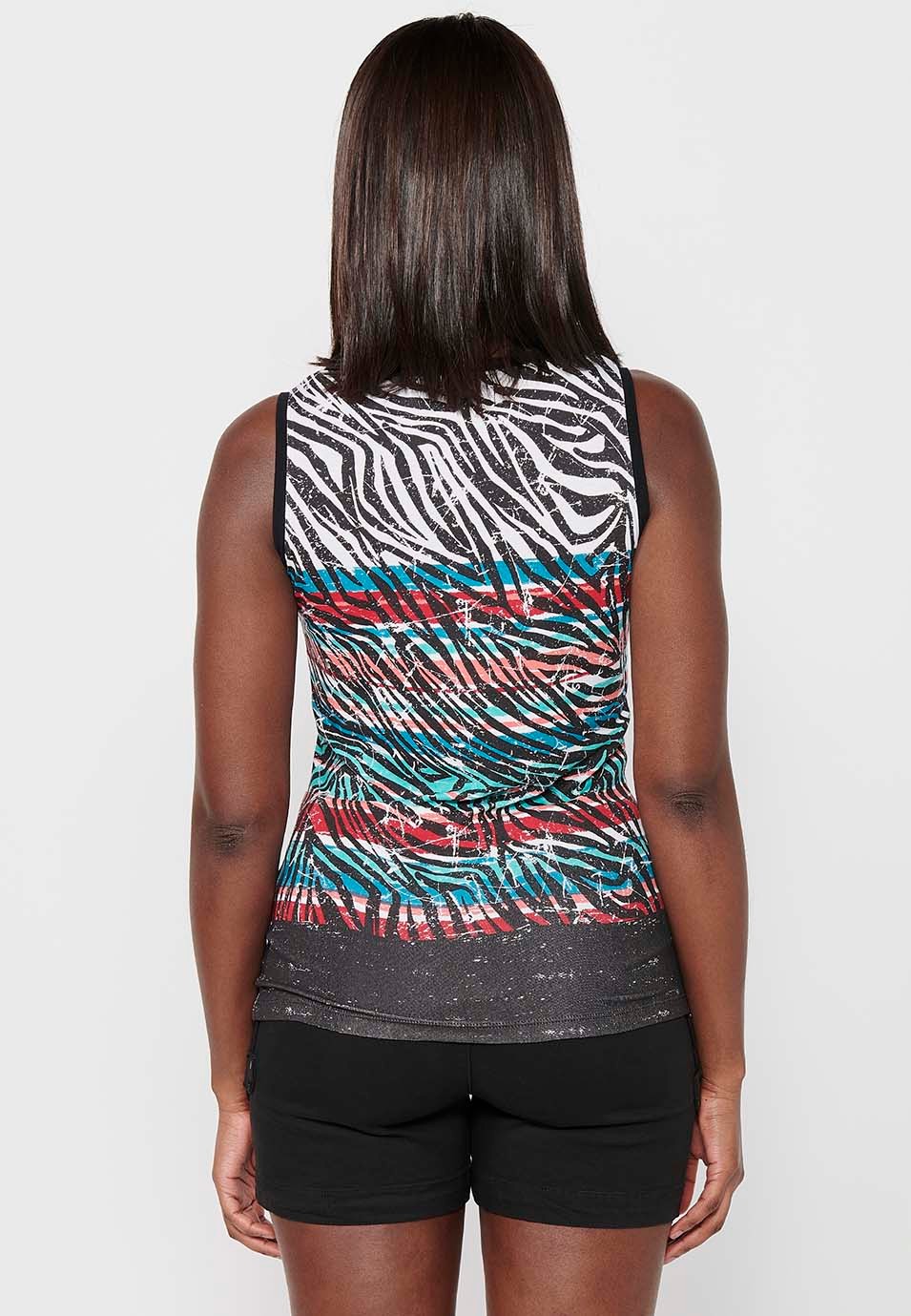 Women's Multicolor Round Neck Front Print Sleeveless T-shirt 7
