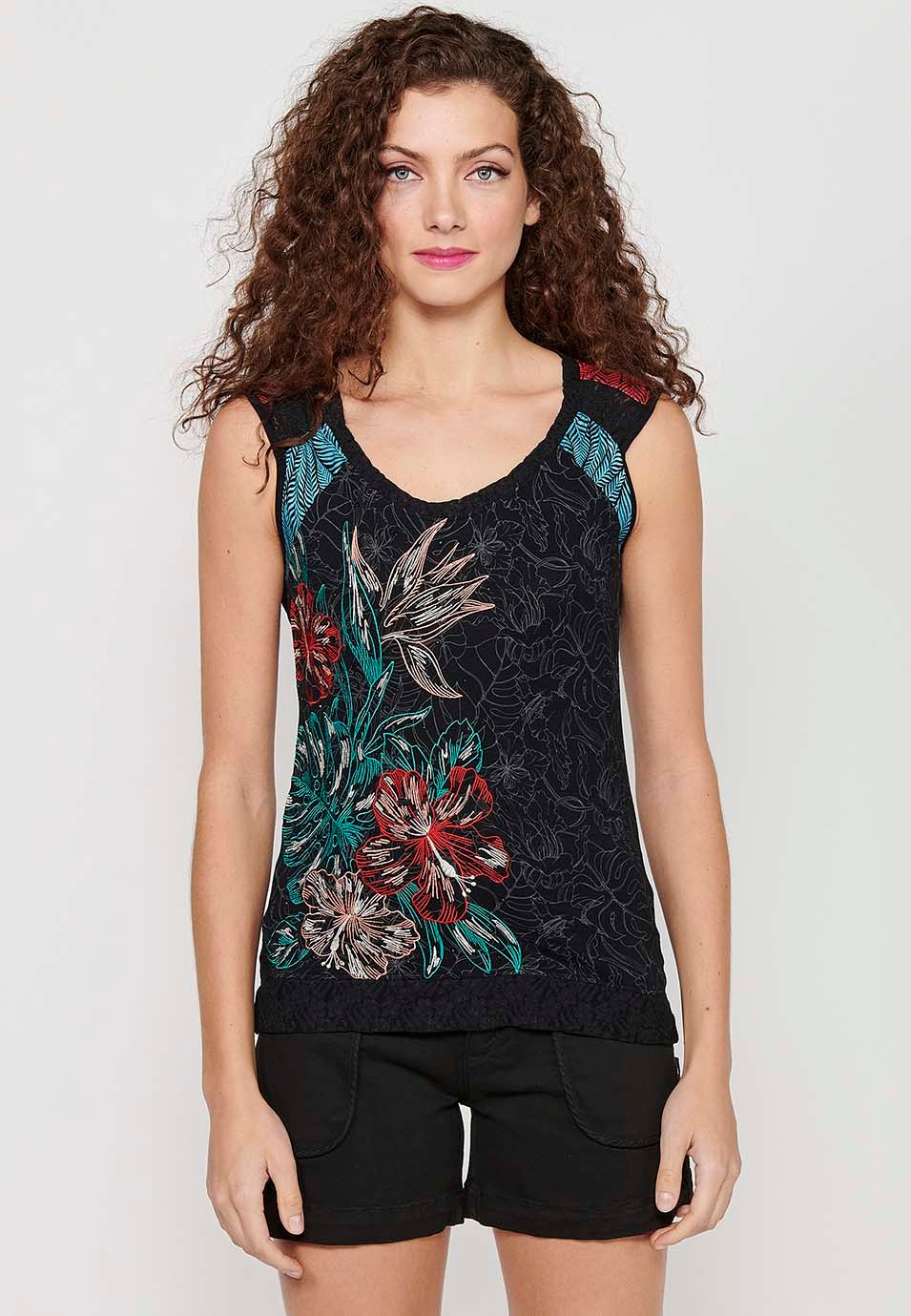 Sleeveless T-shirt with Front Floral Embroidery and Round Neck in Black for Women 3
