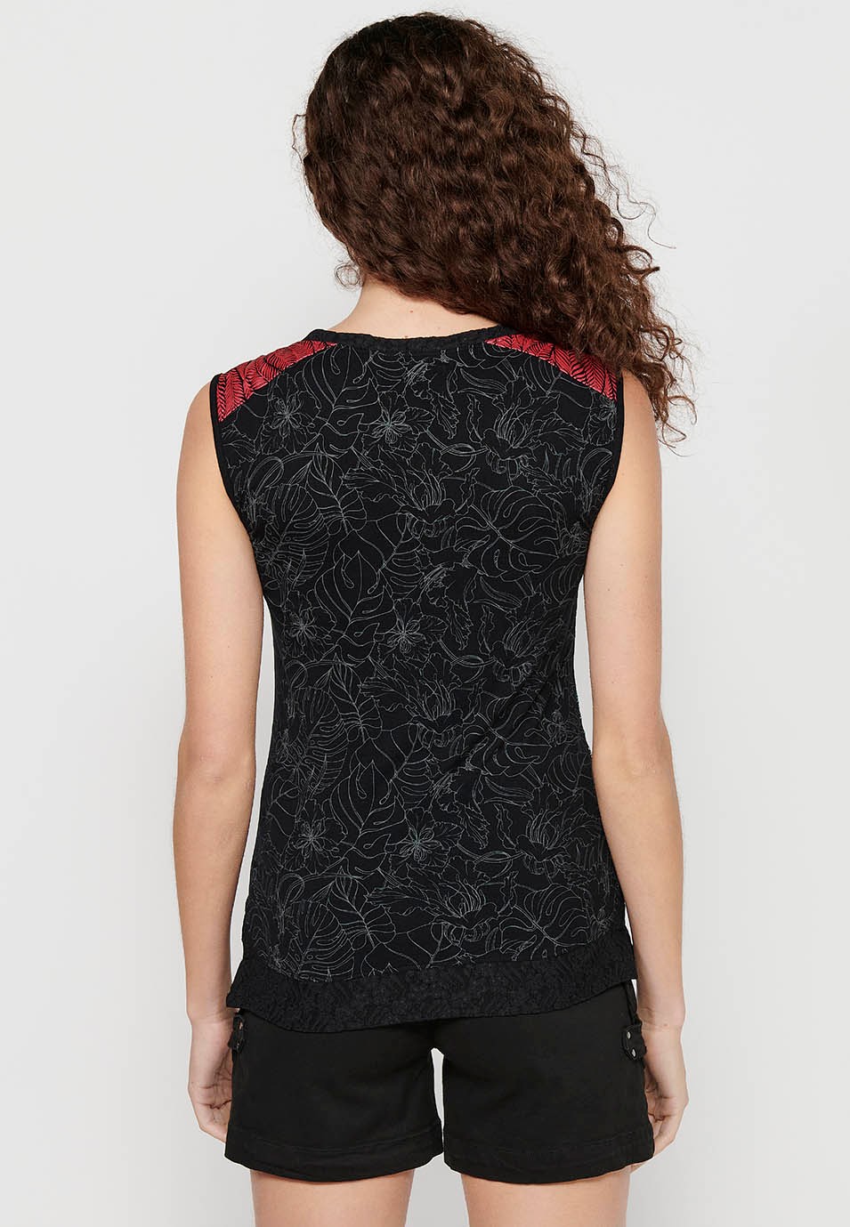 Ärmelloses T-Shirt mit Blumenstickerei vorne und Rundhalsausschnitt in Schwarz für Damen 7