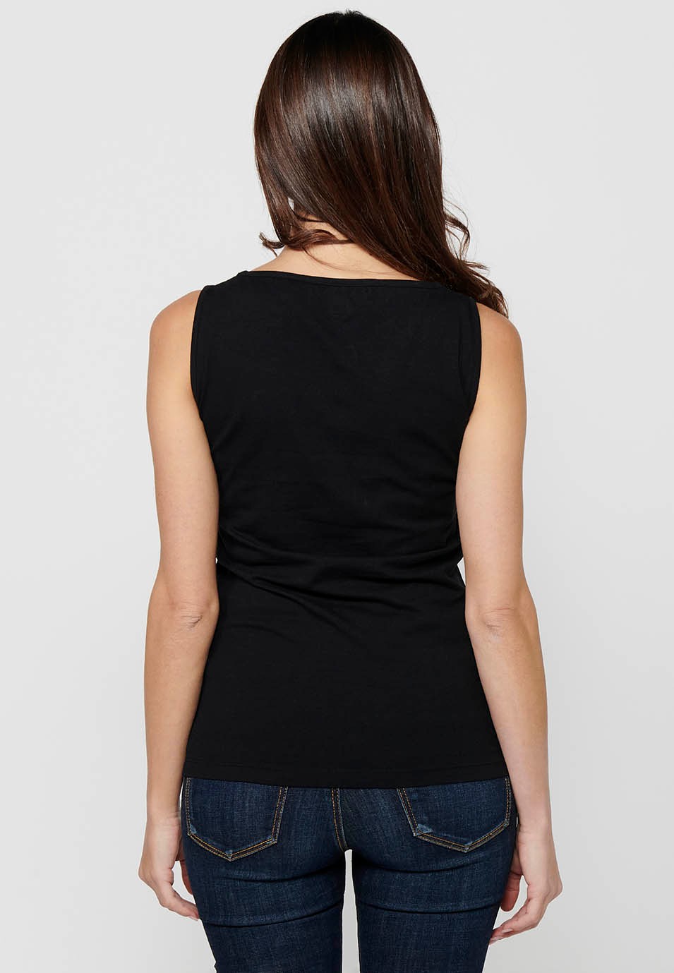 Camiseta tirantes de Algodón con Detalle delantero de blonda de Color Negro para Mujer 5