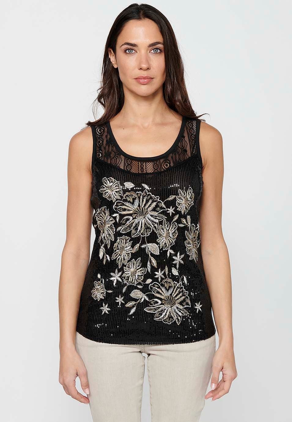 Sleeveless T-shirt with embroidered and sequined front details in Black for Women 2