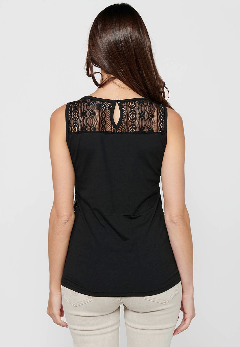 Camiseta sin mangas con Detalles delanteros bordados y lentejuelas de Color Negro para Mujer 5