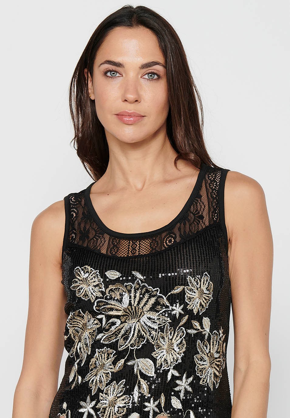 Camiseta sin mangas con Detalles delanteros bordados y lentejuelas de Color Negro para Mujer 6