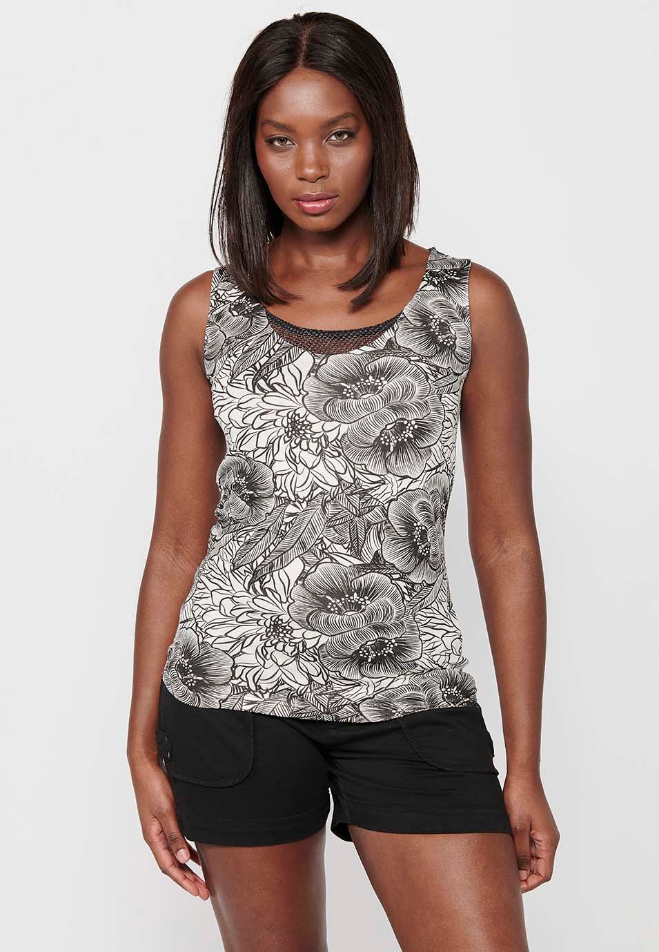 Sleeveless T-shirt with Round Neckline with Detail and White Floral Print for Women