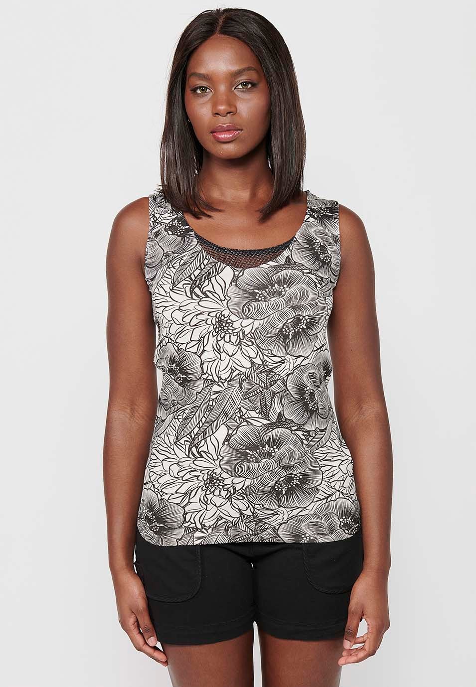 Sleeveless T-shirt with Round Neckline with Detail and White Floral Print for Women