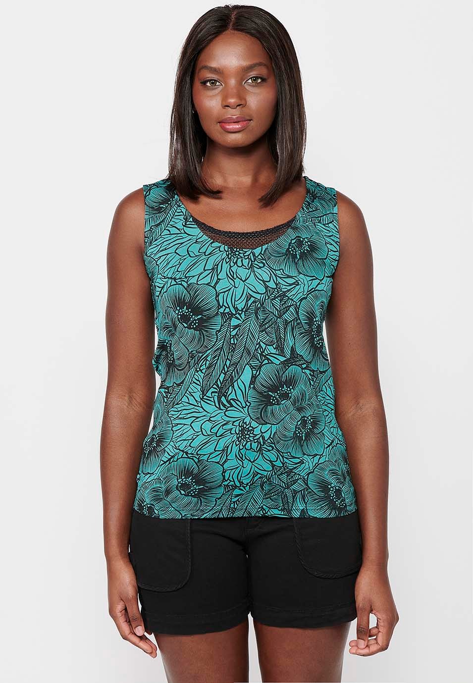 Sleeveless T-shirt with round neckline with detail and mint floral print for Women 2