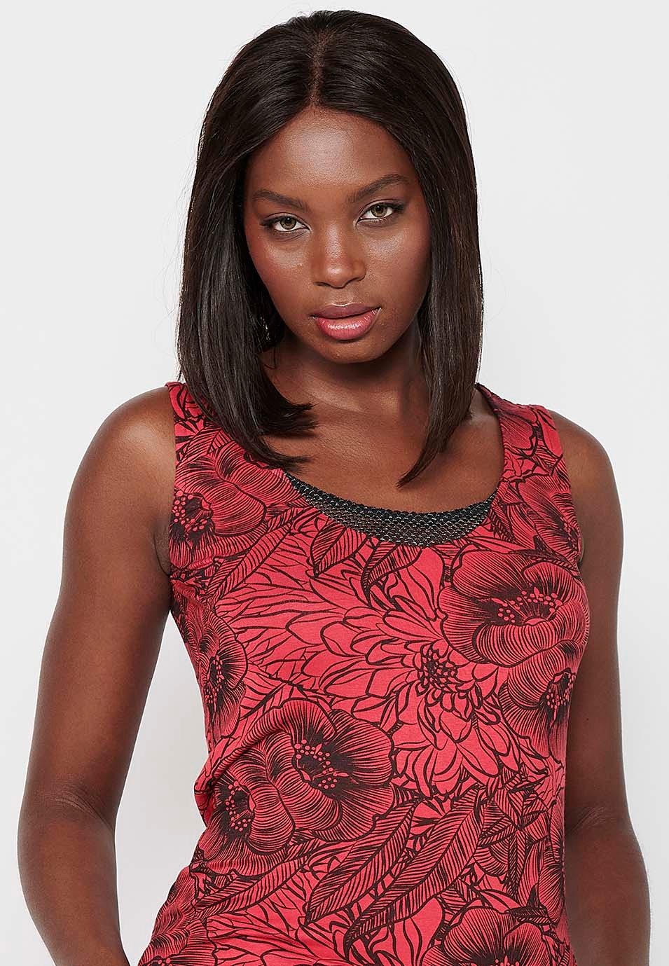 Sleeveless T-shirt with Round Neckline with Detail and Red Floral Print for Women 1