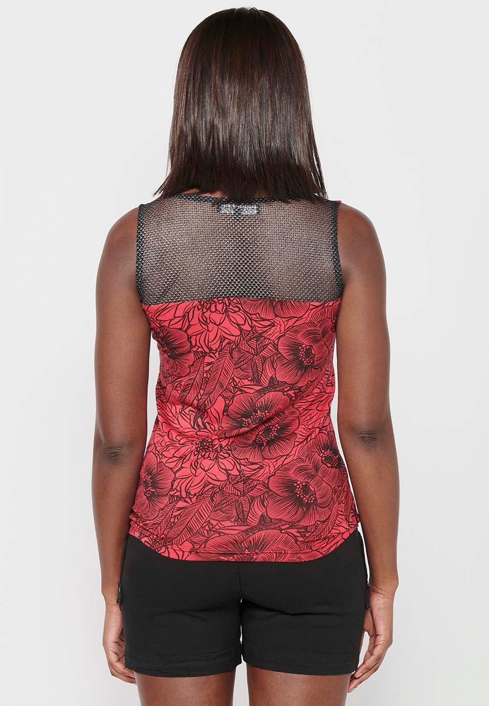 Sleeveless T-shirt with Round Neckline with Detail and Red Floral Print for Women 7