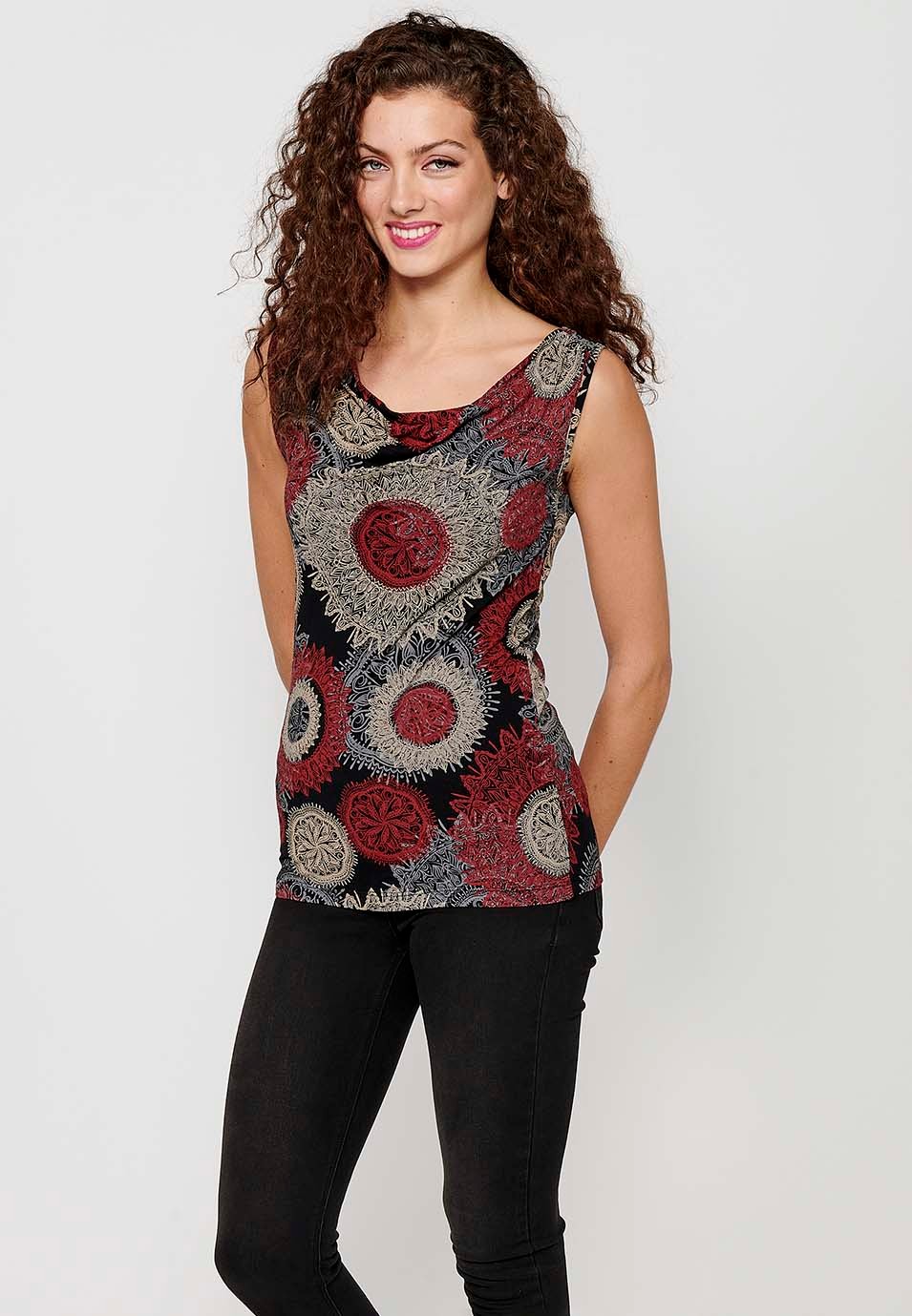 Sleeveless T-shirt with Boat Neck and Red Ethnic Print for Women