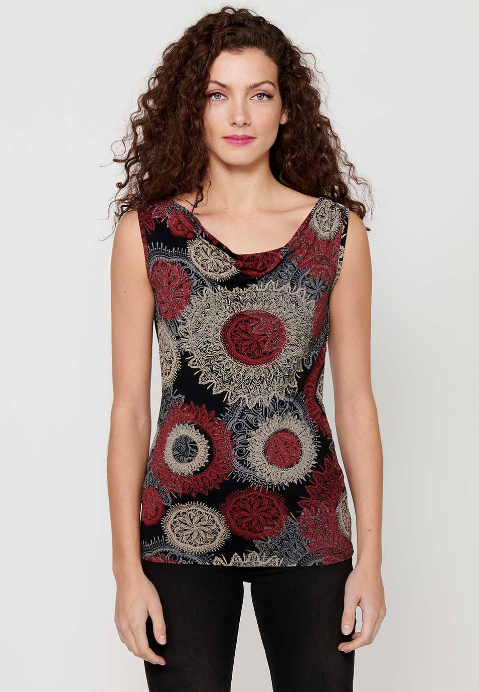 Sleeveless T-shirt with Boat Neck and Red Ethnic Print for Women 3