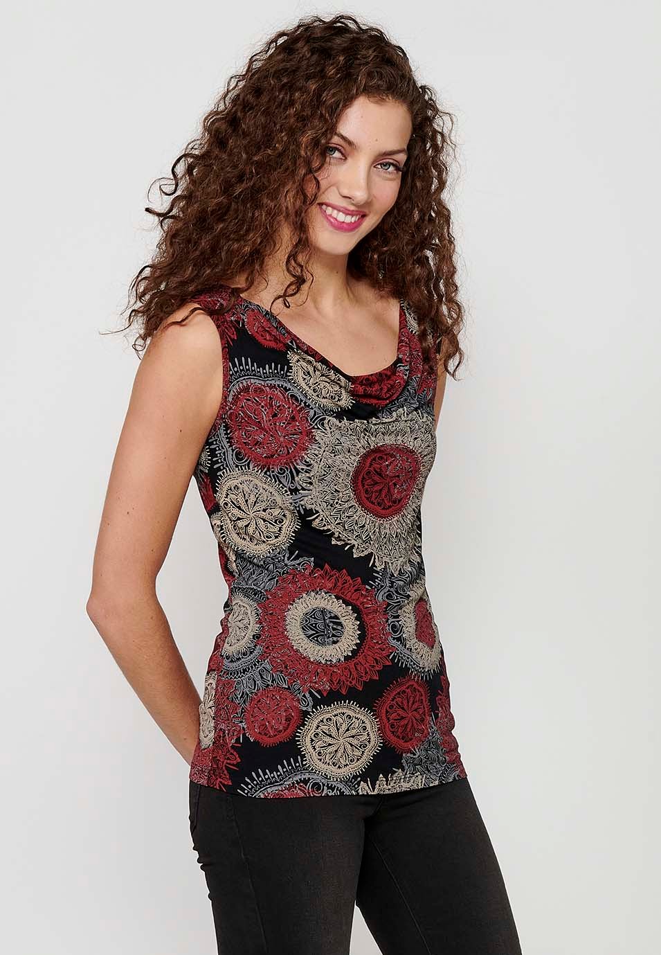 Sleeveless T-shirt with Boat Neck and Red Ethnic Print for Women 4