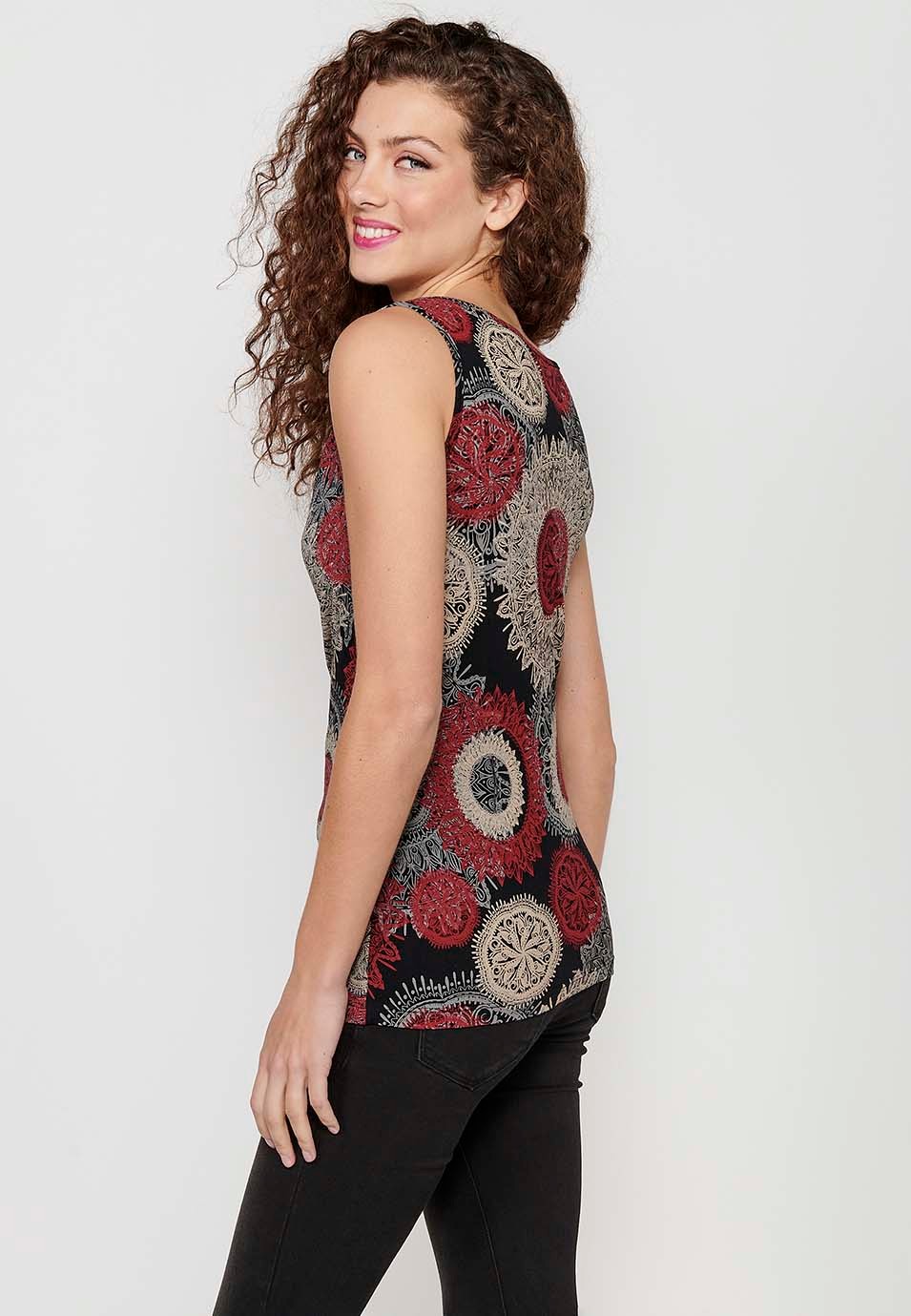 Sleeveless T-shirt with Boat Neck and Red Ethnic Print for Women 7