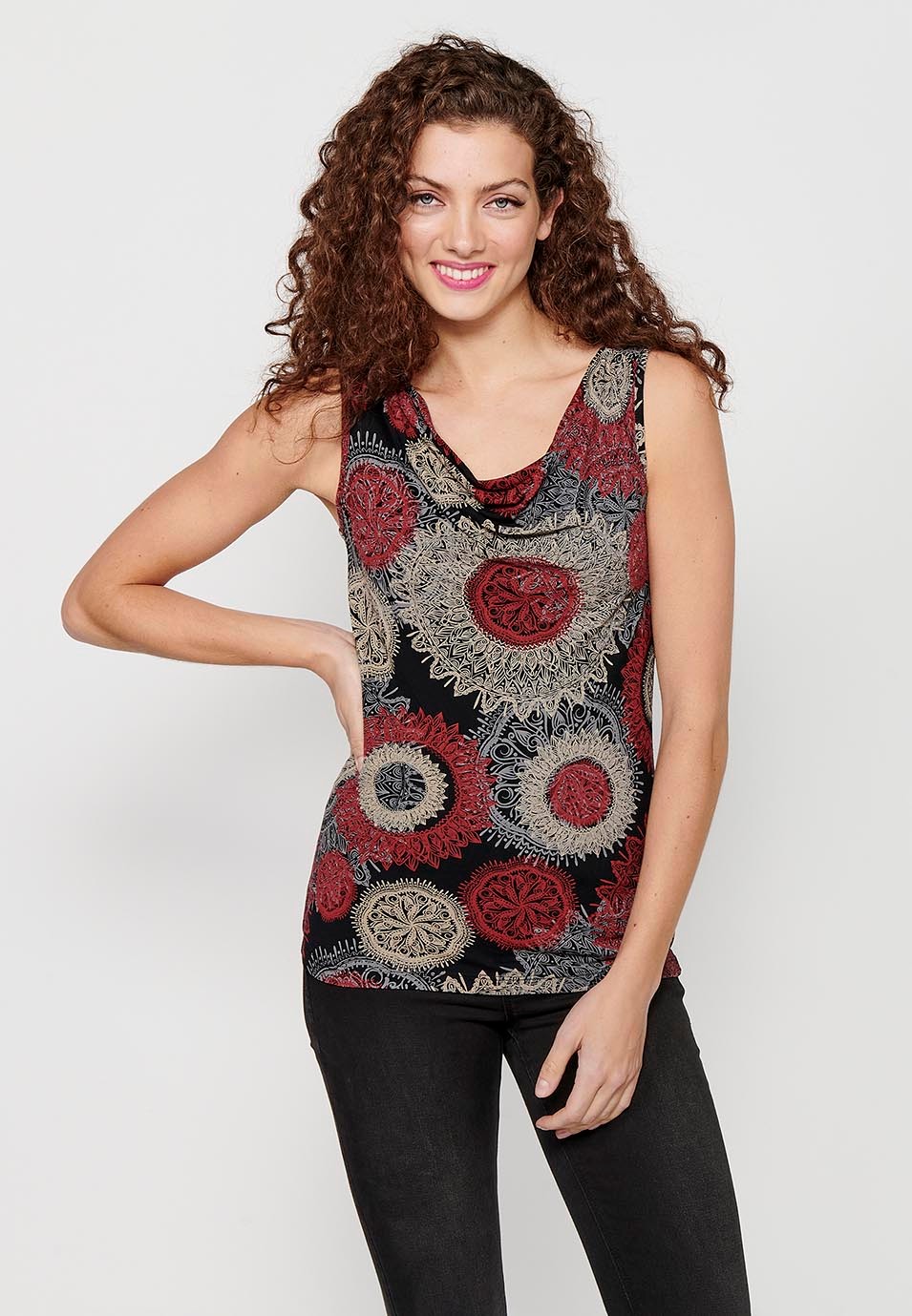 Sleeveless T-shirt with Boat Neck and Red Ethnic Print for Women 5