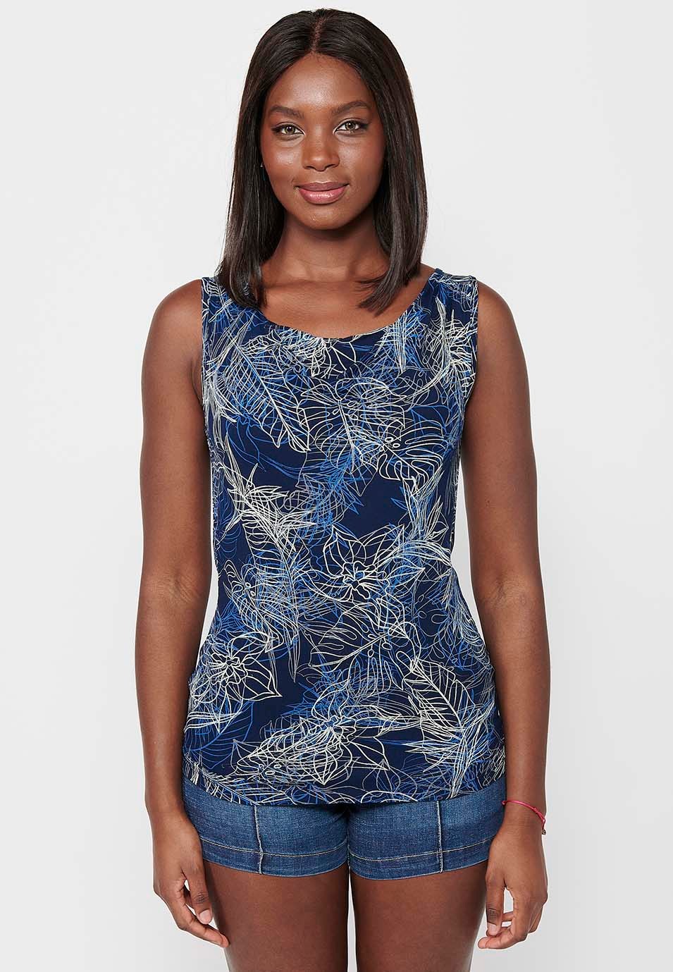 Sleeveless T-shirt with Boat Neck and Floral Print in Navy for Women