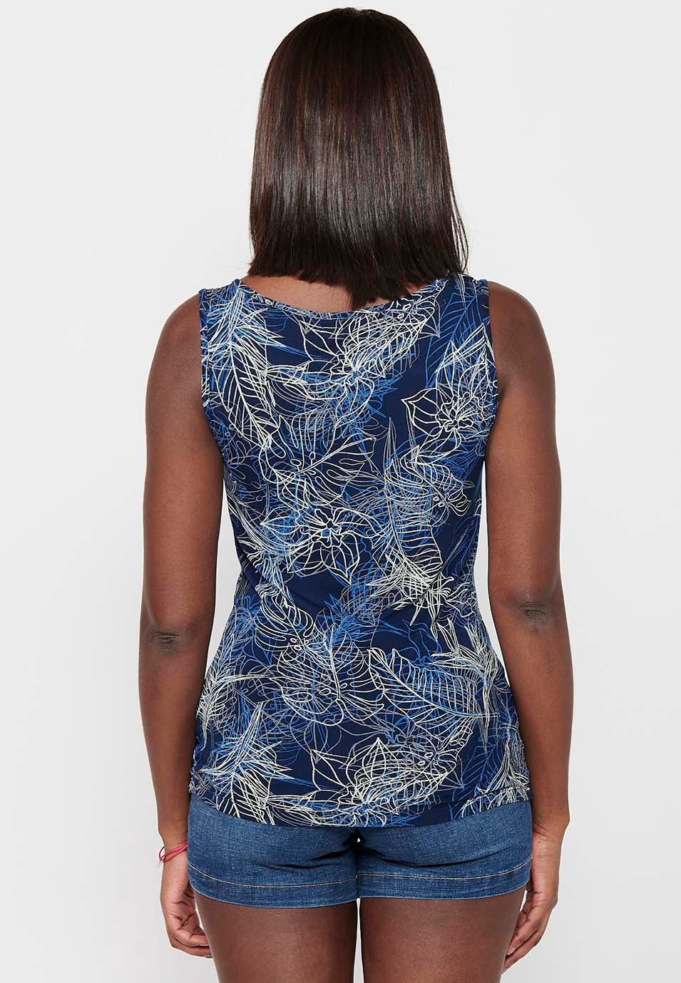 Sleeveless T-shirt with Boat Neck and Floral Print in Navy for Women