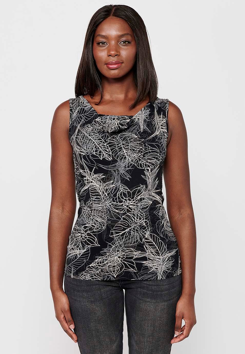 Camiseta sin mangas de Cuello barca y Estampado floral de Color Negro para Mujer