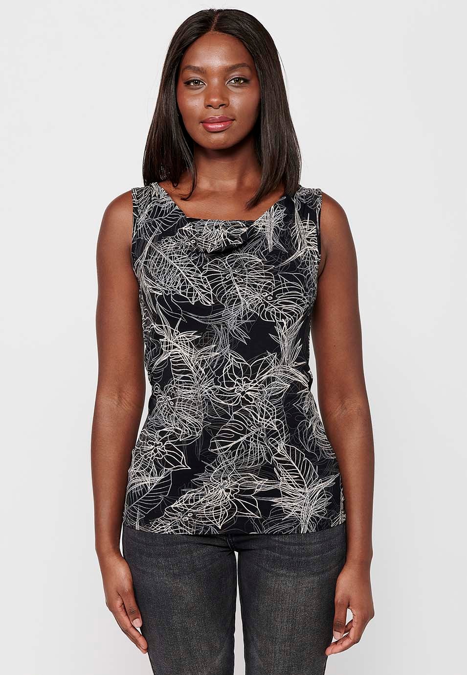 Sleeveless T-shirt with Boat Neck and Floral Print in Black for Women