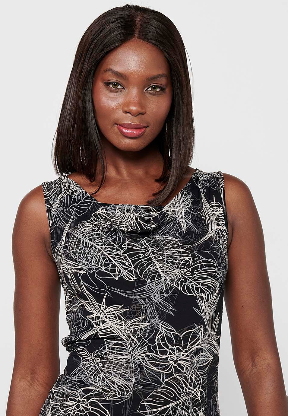 Camiseta sin mangas de Cuello barca y Estampado floral de Color Negro para Mujer