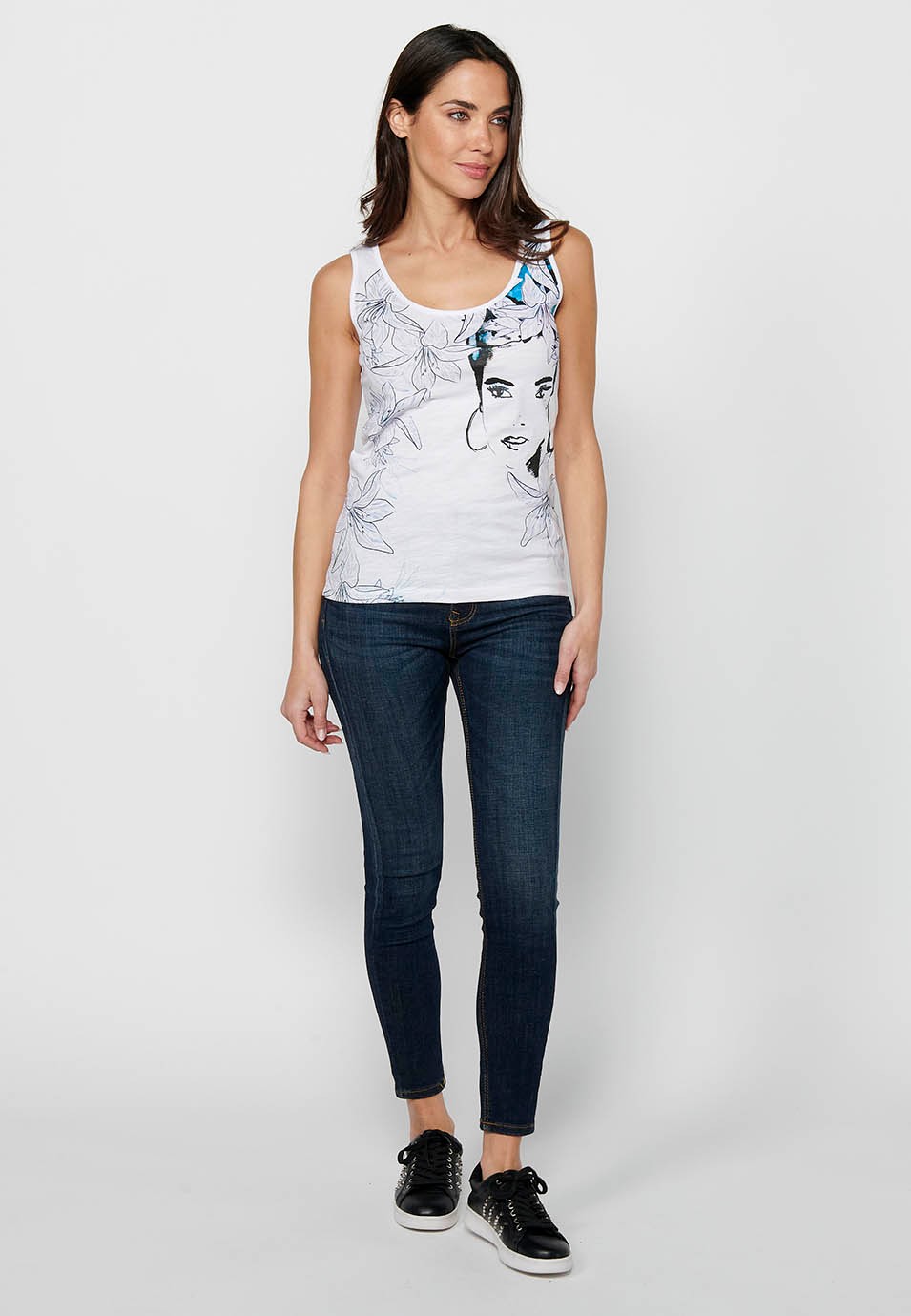 Sleeveless T-shirt with White Front Print for Women 1