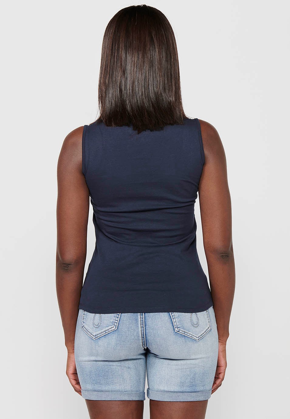 Ärmelloses T-Shirt mit Rundhalsausschnitt und Stickerei vorne, schwarze Farbe für Damen
