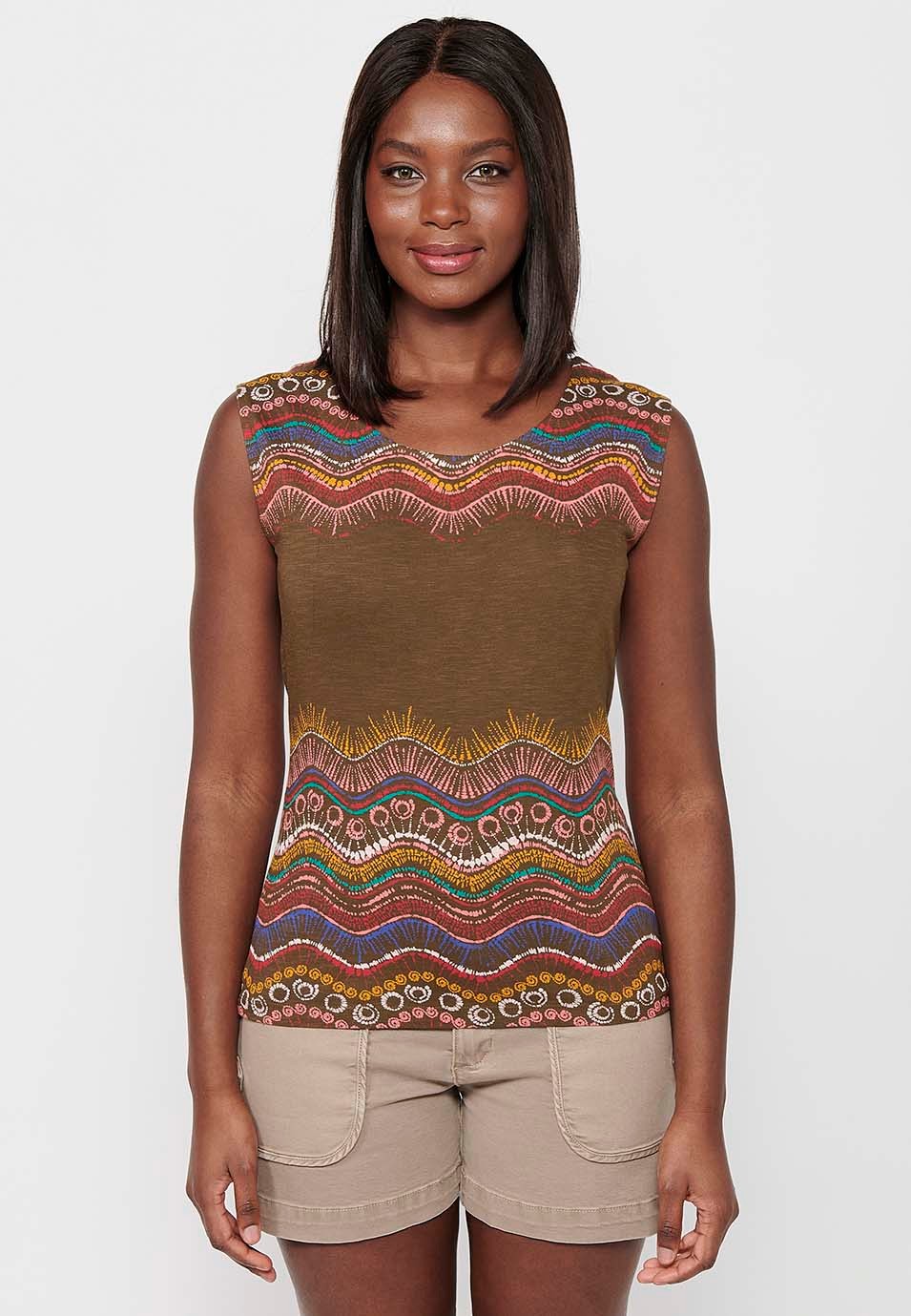 Kurzärmliges Baumwoll-T-Shirt mit Rundhalsausschnitt und Khaki-Ethno-Print für Damen 2