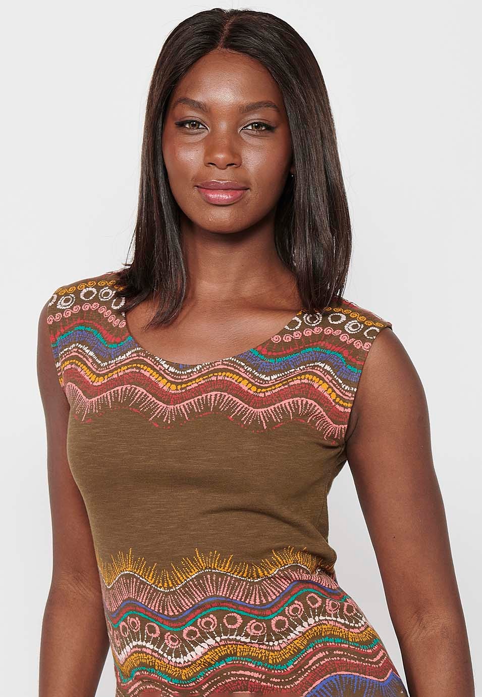 Kurzärmliges Baumwoll-T-Shirt mit Rundhalsausschnitt und Khaki-Ethno-Print für Damen 3
