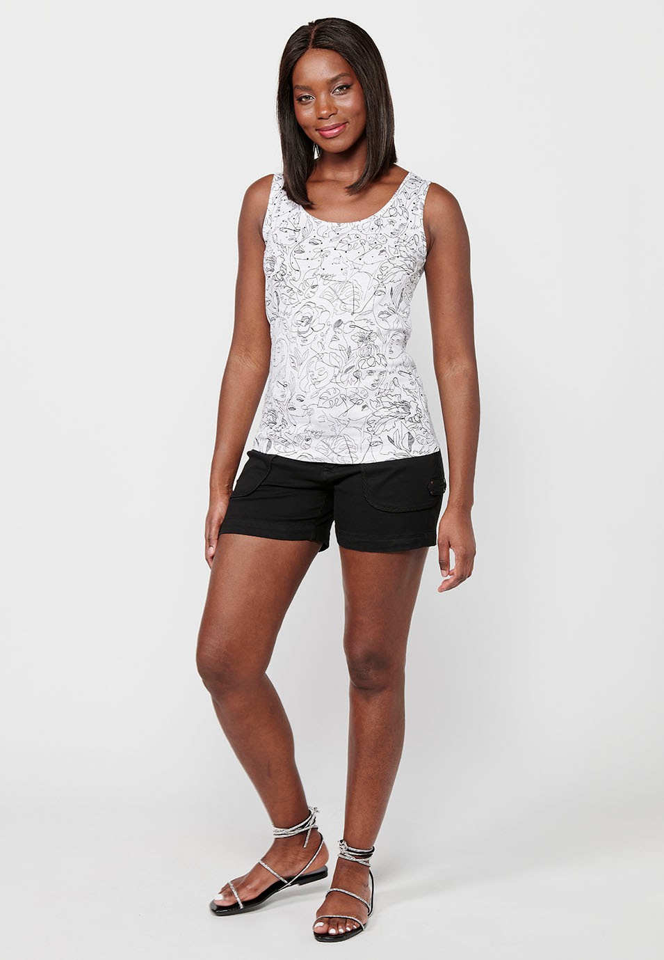 Cotton Sleeveless T-shirt with Round Neckline with White Floral Print for Women 4