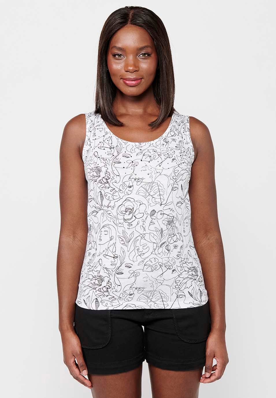 Cotton Sleeveless T-shirt with Round Neckline with White Floral Print for Women 7