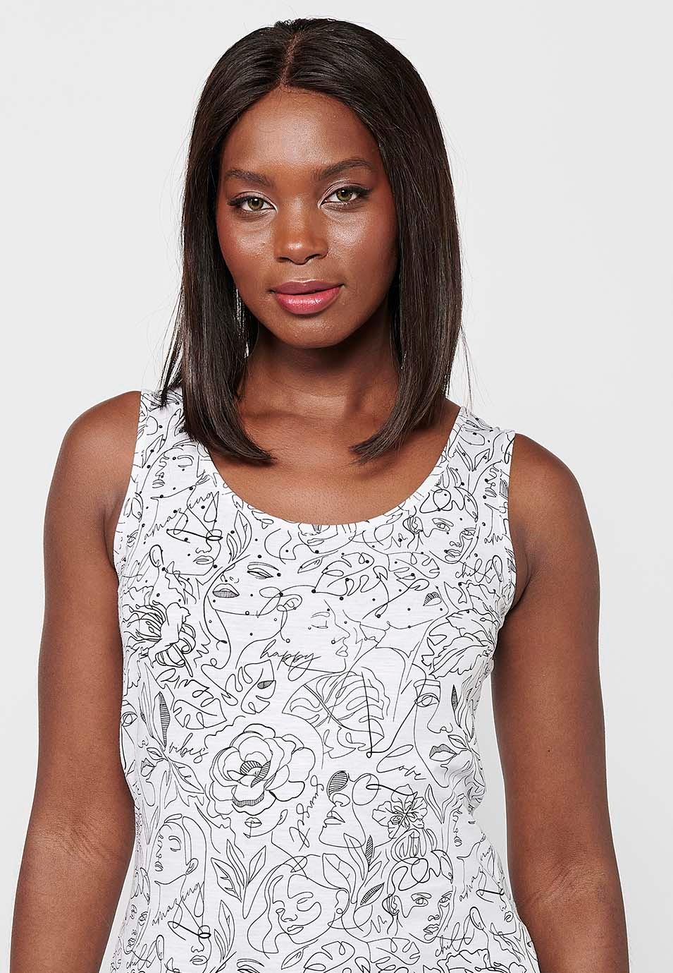 Cotton Sleeveless T-shirt with Round Neckline with White Floral Print for Women 6