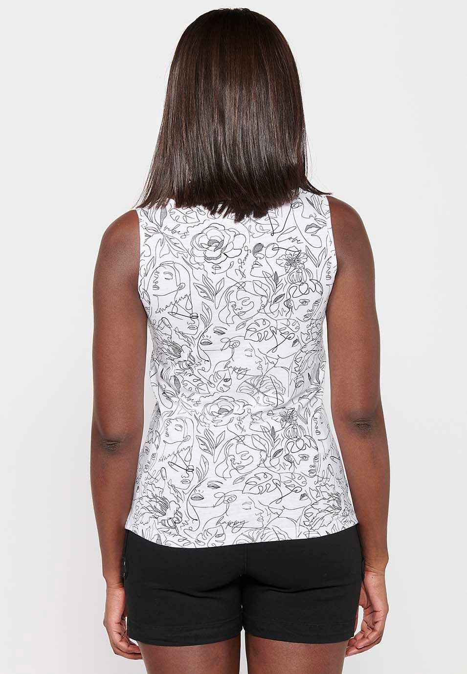 Cotton Sleeveless T-shirt with Round Neckline with White Floral Print for Women 5