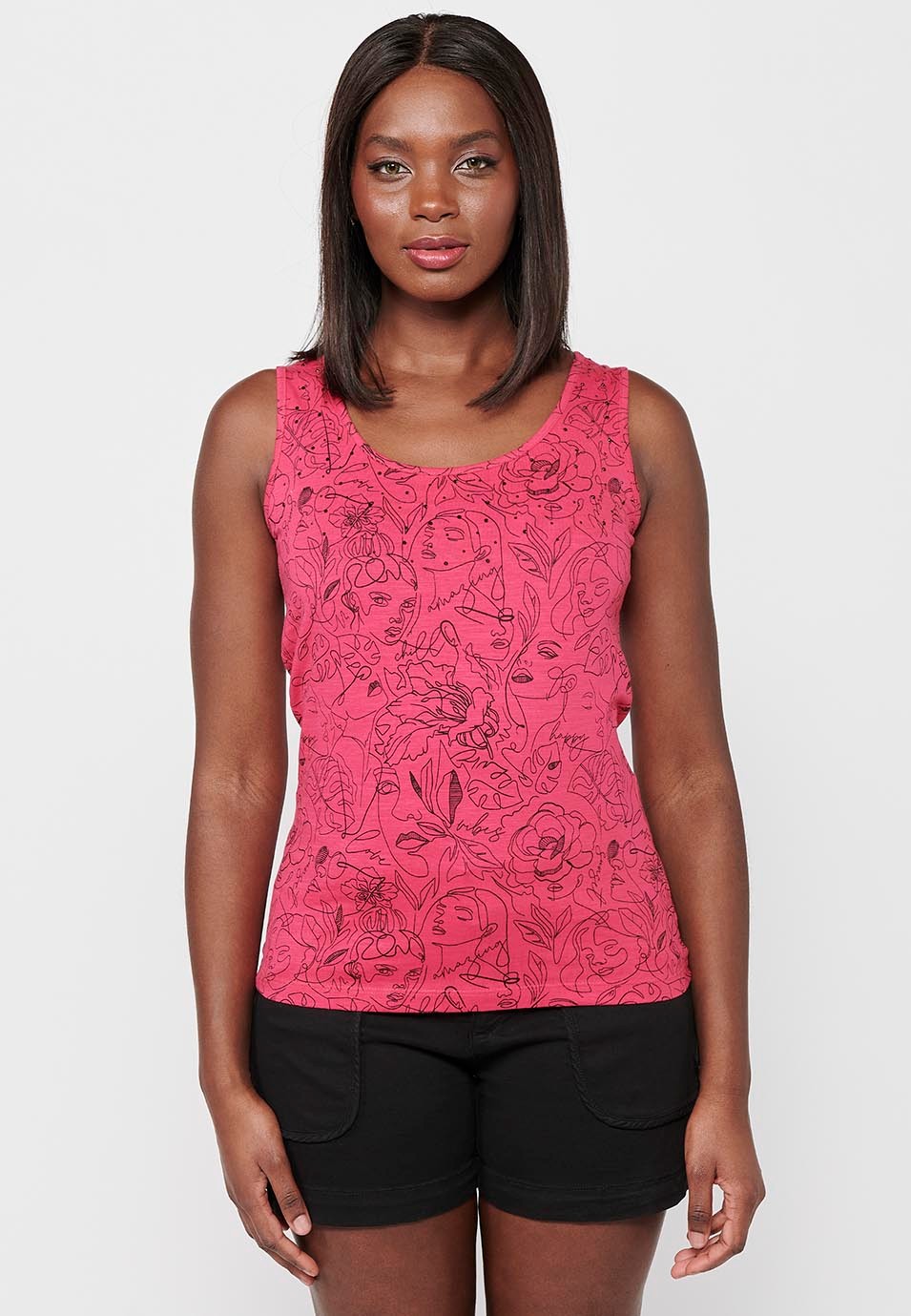Sleeveless Cotton T-shirt with Round Neckline with Fuchsia Floral Print for Women 6