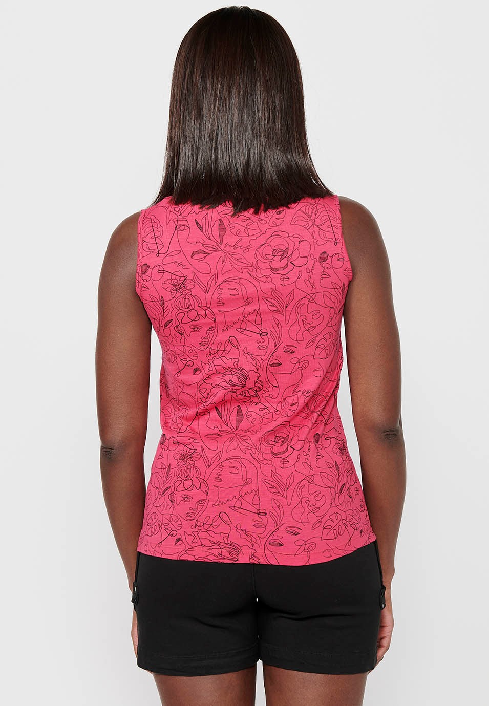 Ärmelloses Baumwoll-T-Shirt mit Rundhalsausschnitt und fuchsiafarbenem Blumendruck für Damen 2