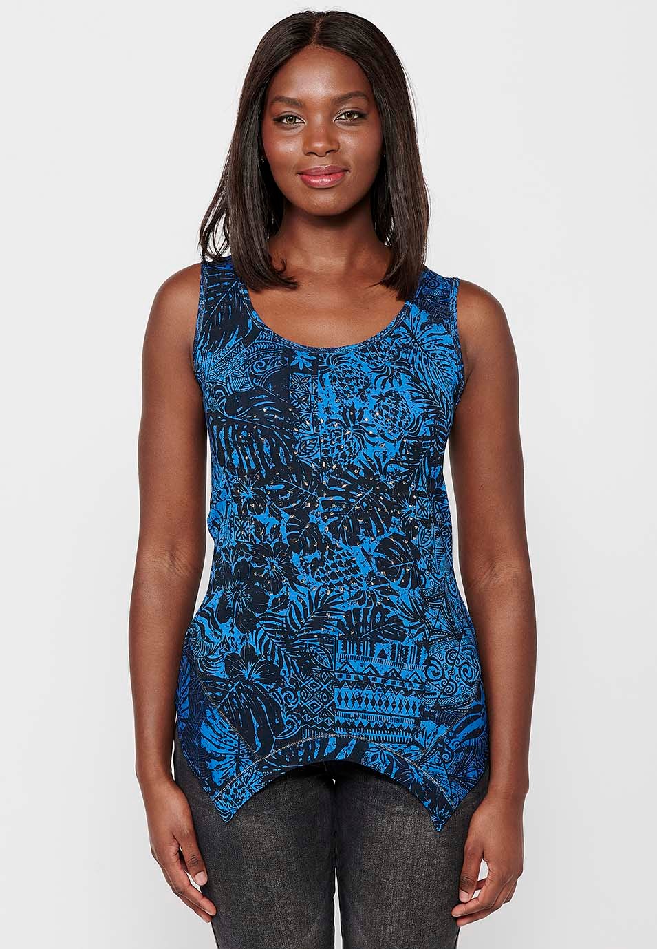 Ärmelloses T-Shirt mit Rundhalsausschnitt, asymmetrischem Finish und schwarzem Blumendruck in Blau für Damen 3