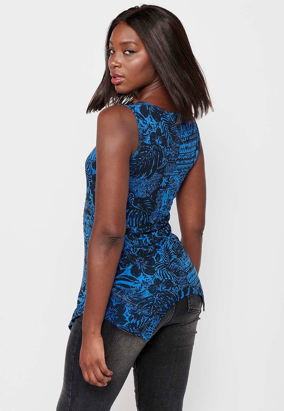 Round Neck Sleeveless T-shirt with Asymmetrical Finish and Black Floral Print in Blue for Women 1