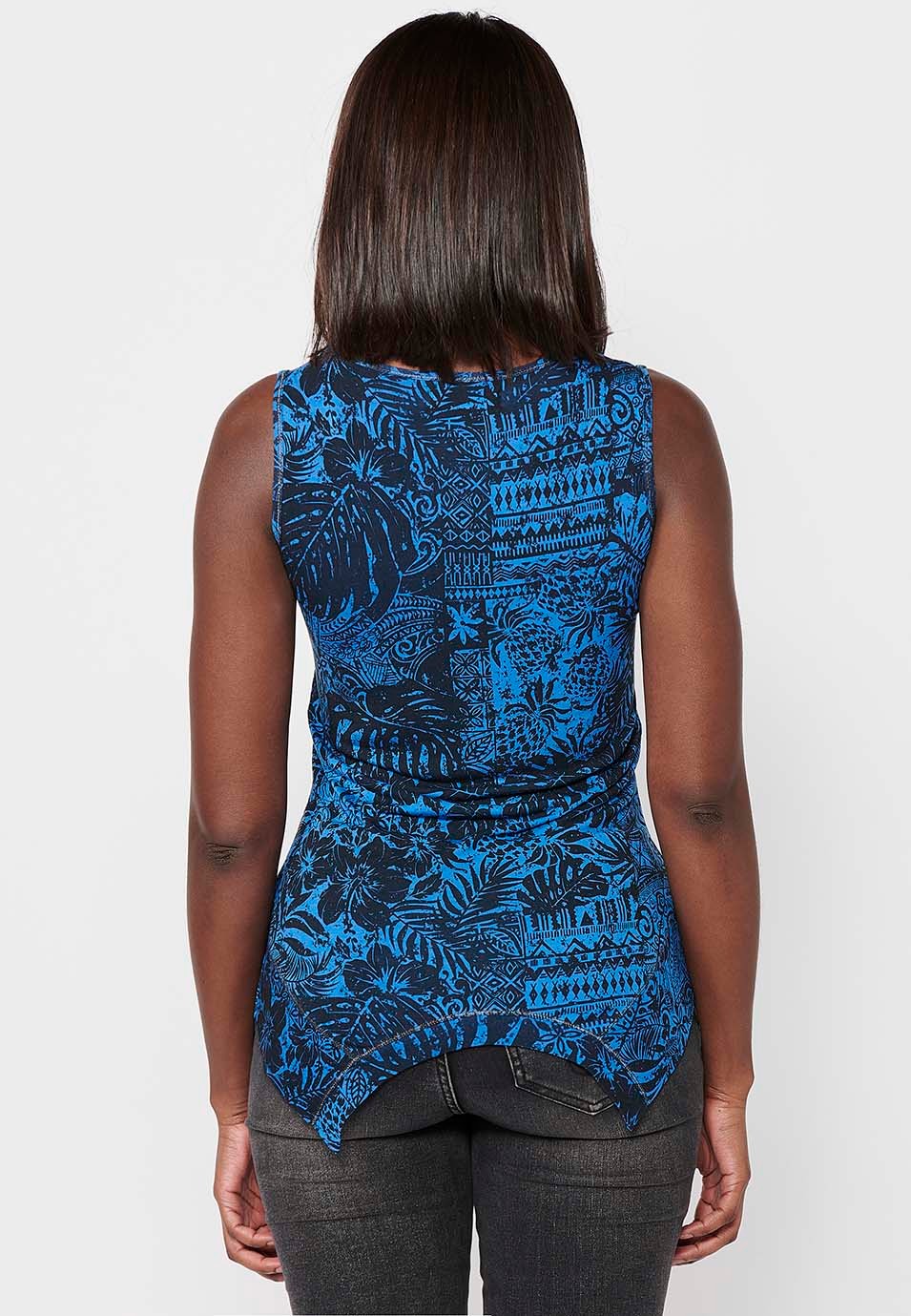 Ärmelloses T-Shirt mit Rundhalsausschnitt, asymmetrischem Finish und schwarzem Blumendruck in Blau für Damen 7