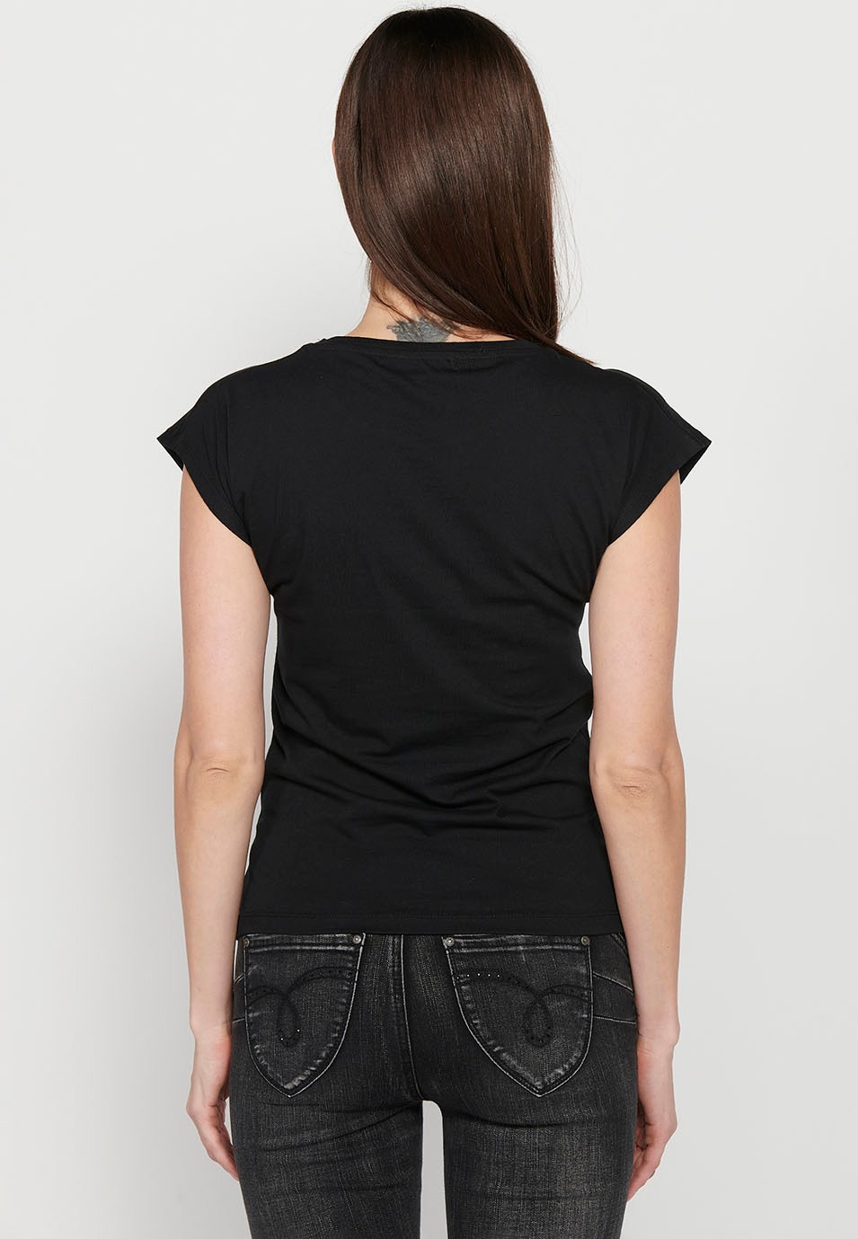 T-shirt manches courtes col rond en coton imprimé devant en Noir pour Femme