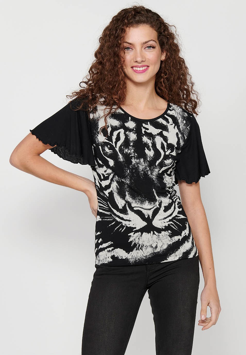 Black Top with Wide Sleeves and Front Print for Women